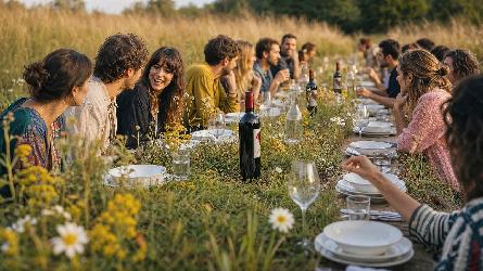Menschen sitzen an einer Tafel im Feld